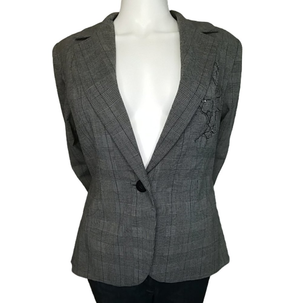 Oscar de la Renta Gray & Black Plaid Single Button Fully Lined Blazer Size 10
